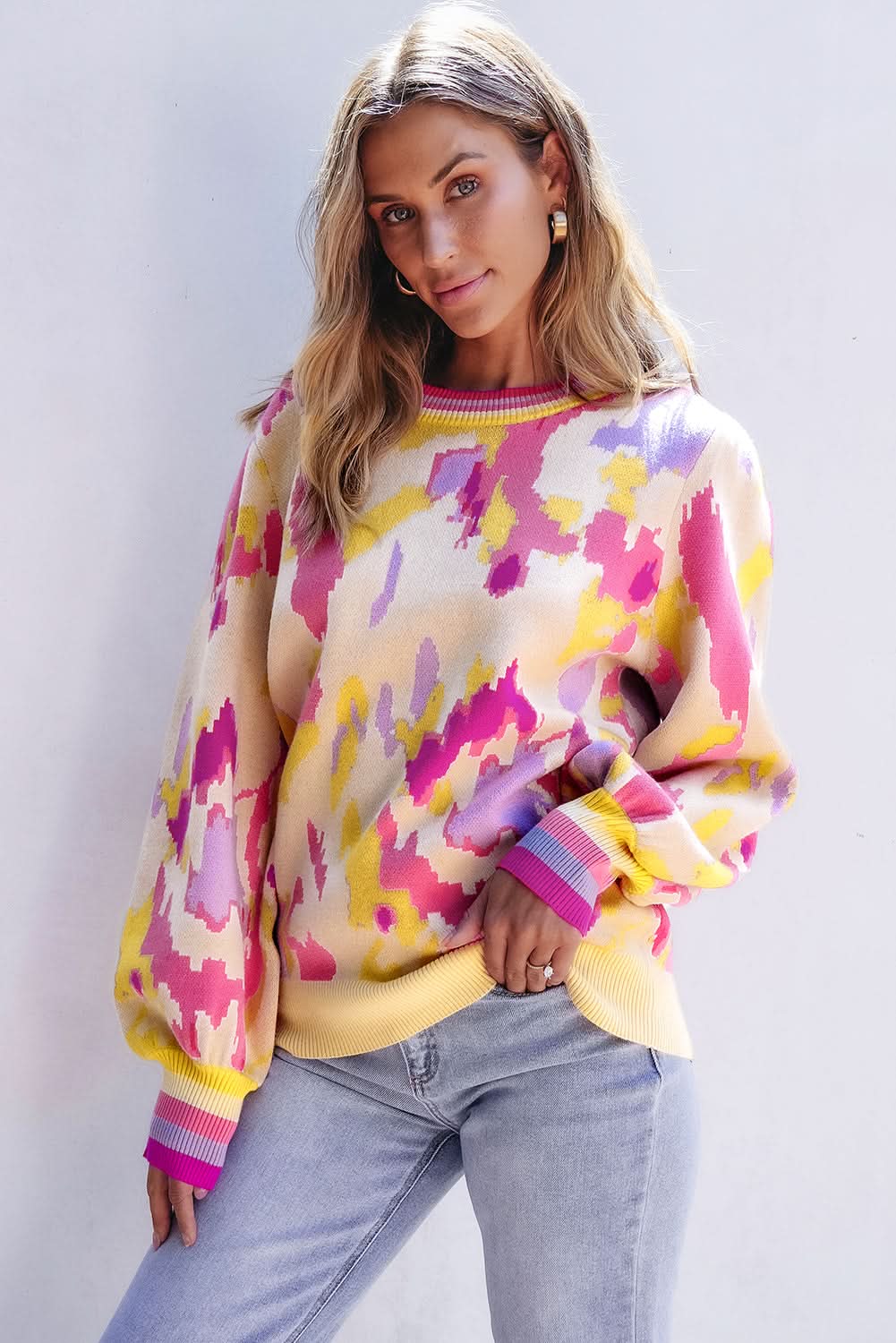Khaki colorblock balloon sleeve sweater - Love Salve
